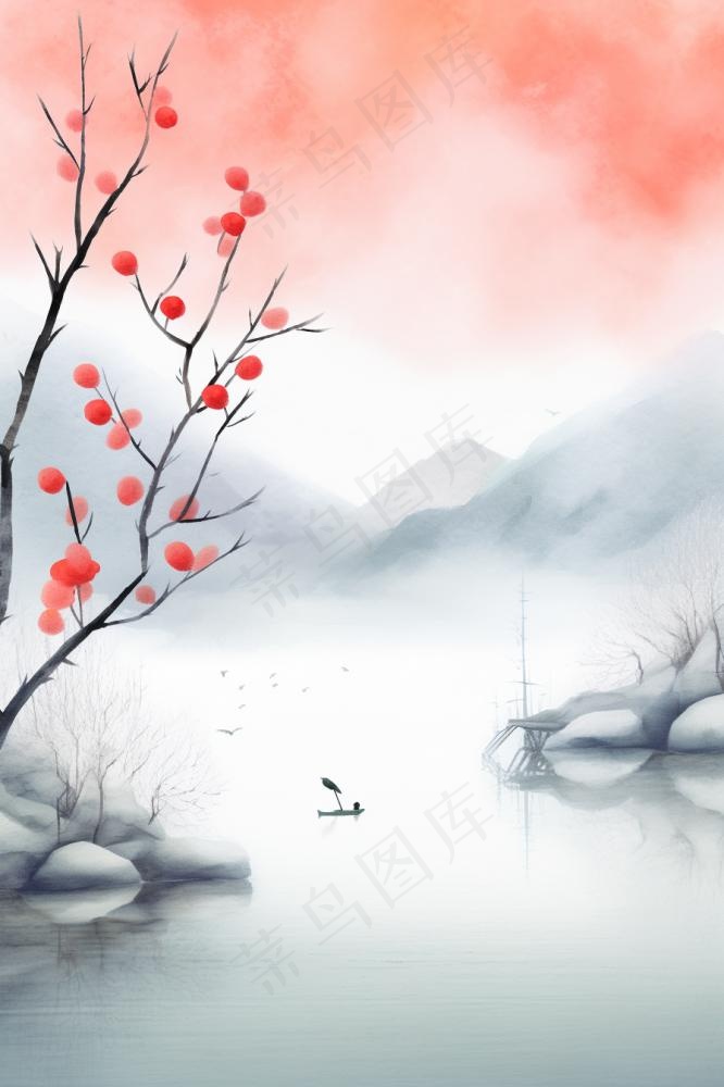 山水冬天简约下雪背景