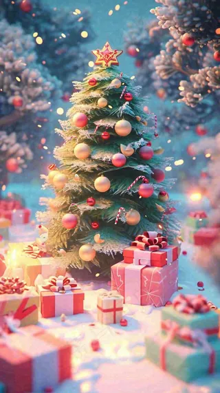 圣诞节礼物温馨圣诞树缤纷彩色节日雪花浪漫