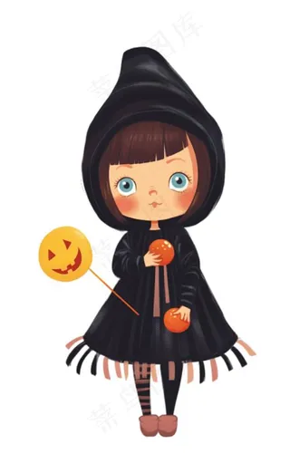 黑色女巫手拿南瓜灯万圣节卡通插画免抠