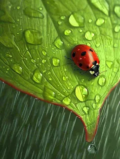 下雨，绿色树叶上，七星瓢虫，雨水，惊蛰，谷雨，春天摄影图