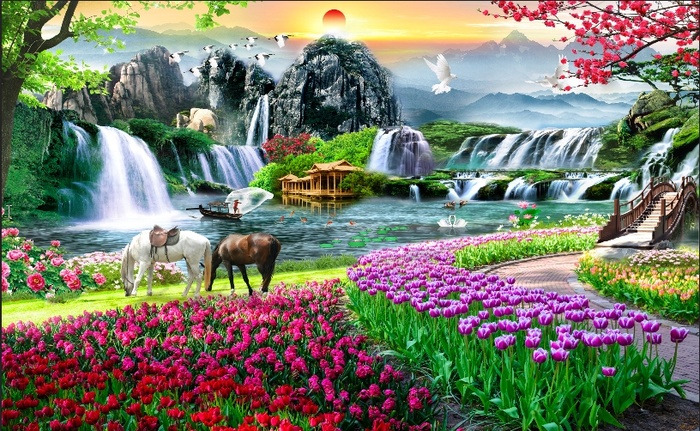 流水生财山水花园郁金香双马背景墙