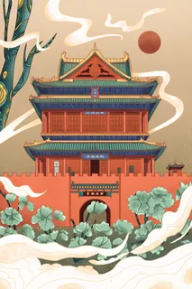 中国风国潮烫金仙鹤山水古建筑风景装饰插画背景PSD分层设计素材