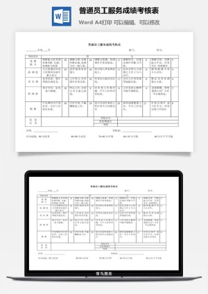 普通员工服务成绩考核表word模板