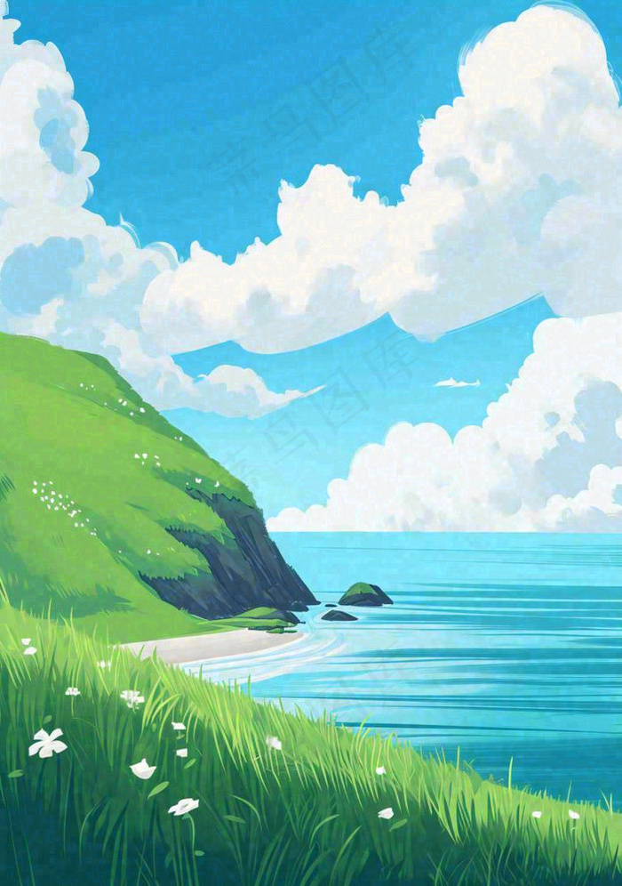 海边蓝天白云草地小花，春天清新海景(912x1296)