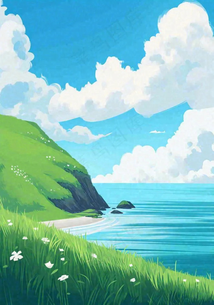 海边蓝天白云草地小花，春天清新海景(912x1296)