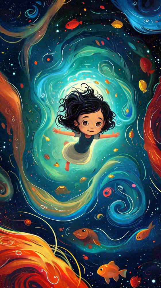 炫酷浪漫海洋海底水底可爱女孩手绘插画，鱼类水母生物(816x1456)