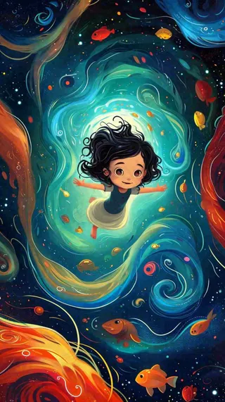 炫酷浪漫海洋海底水底可爱女孩手绘插画，鱼类水母生物