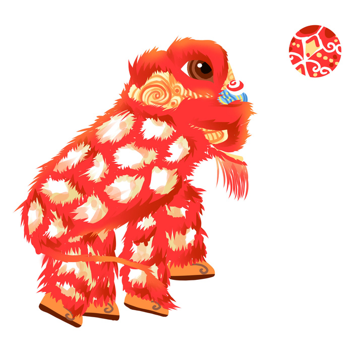新年春节虎年元宵手绘人物舞狮卡通狮子头插画元素PSD设计素材