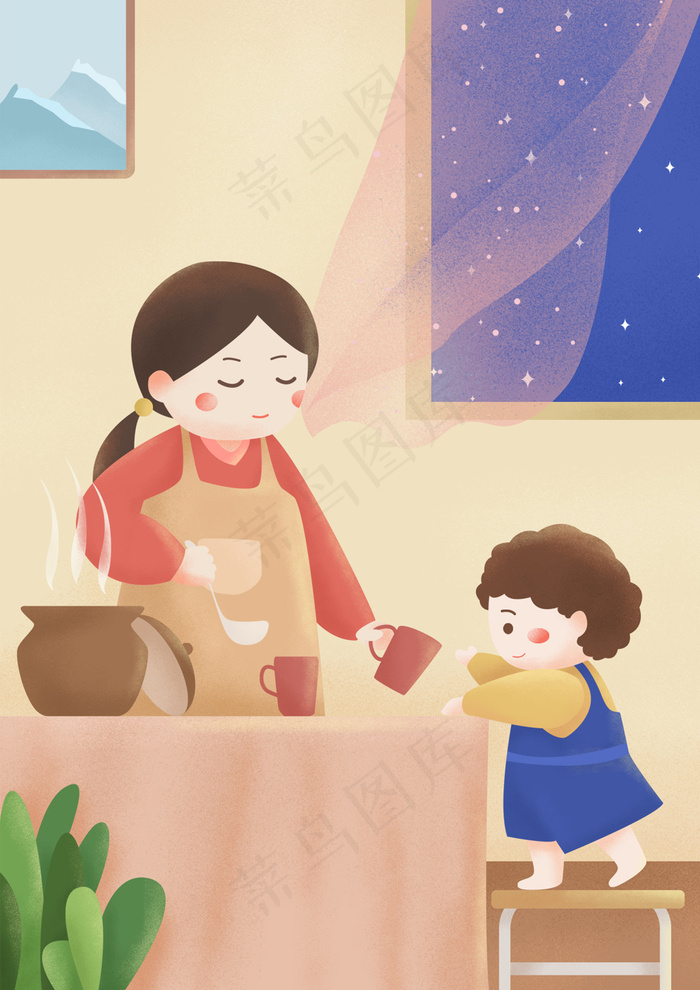 手绘卡通母亲节插画漫画素材