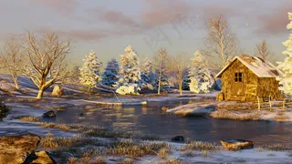 黄昏的冬日树林3D渲染油画风格创意插画