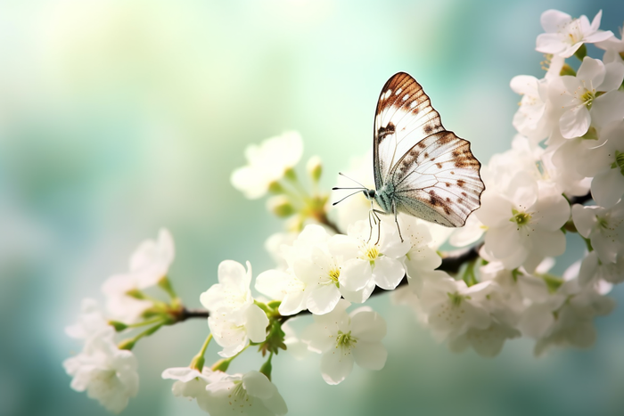 a butterfly sitting on top of a white flower, a picture by Han Gan, trending on pixabay, romanticism, flowers and butterflies, spring time, beautiful lightness 