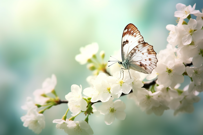 a butterfly sitting on top of a white flower, a picture by Han Gan, trending on pixabay, romanticism, flowers and butterflies, spring time, beautiful lightness (4032x2688)