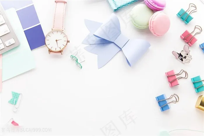 夹子蝴蝶结手表马卡龙静物图片