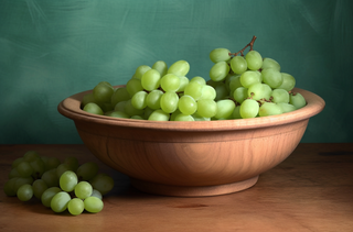 一个装有绿葡萄的碗放在桌子上的摄影图