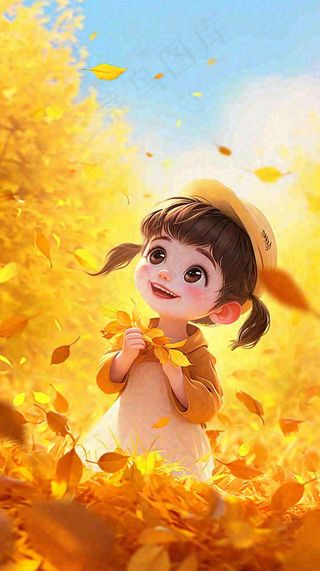 秋天温馨秋叶可爱少女插画，秋分小麦