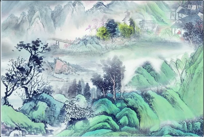 古画卷 古画卷素材 国画 水墨画素材 云雾 群山 绿丘  风景