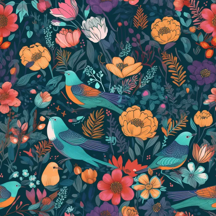 花鸟图，插画风格，无缝贴图，素材