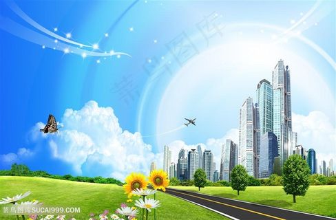 高楼建筑风景画韩式自然背景