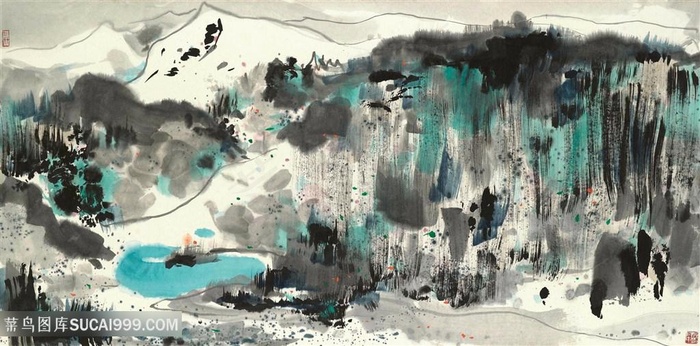 高清吴冠中水墨山脉风景画