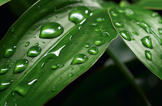 下雨天绿叶植物上的雨水雨滴摄影图
