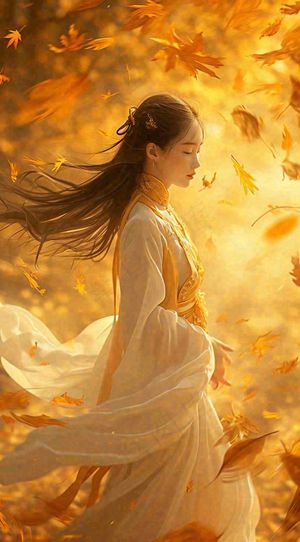 中国风秋天秋叶橙色古风美人手绘插画