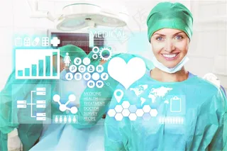 手术室医生与信息图标摄影图片