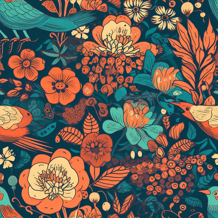 花鸟图，插画风格，无缝贴图，素材