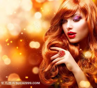 摸柔顺秀发的红唇美女人物摄影高清图片