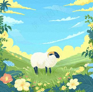 卡通手绘绿色春天草地鲜花花朵绵羊