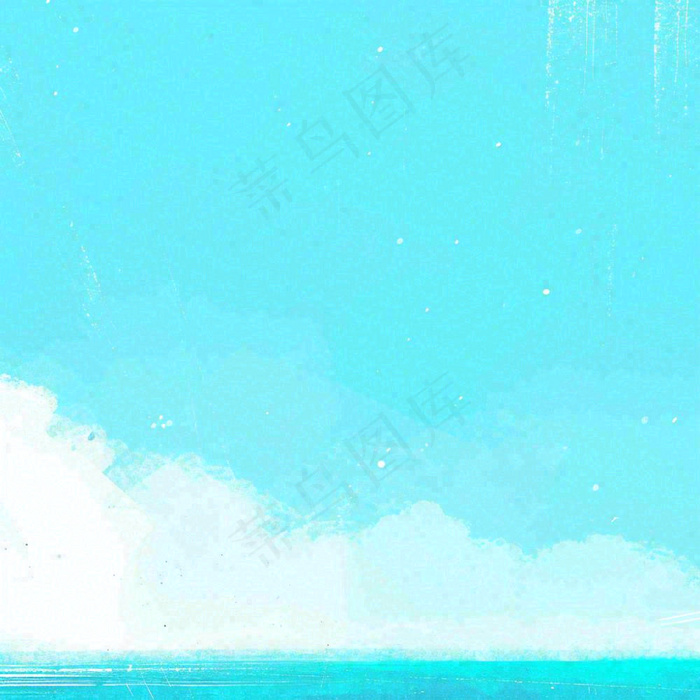 夏天海边蓝天白云水彩画