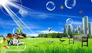 草地建筑公园美景韩式自然背景