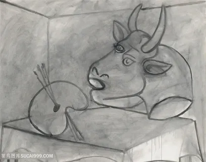毕加索素描牛头石膏像装饰画