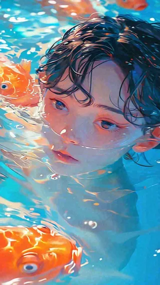 阳光泳池游泳人物男女，金鱼水面海上，反光色彩摄影图