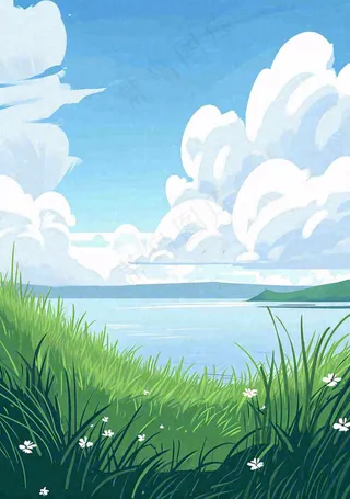 海边蓝天白云草地小花，春天清新海景