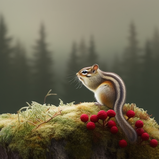 松鼠动物在森林里觅食红色果实摄影图