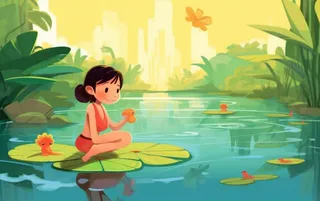 湖泊坐着睡莲上的人碧蓝插画背景