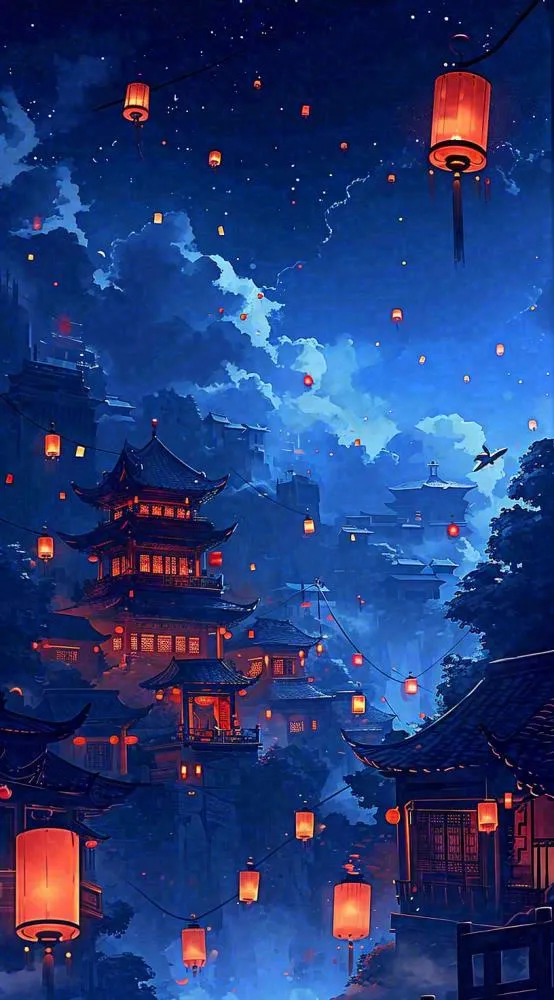 夜晚夜景月亮国风建筑灯笼星空浪漫，恐怖悬疑(816x1472)