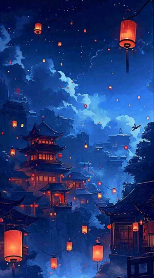 夜晚夜景月亮国风建筑灯笼星空浪漫，恐怖悬疑