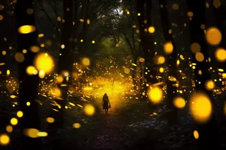 夏日森林夜晚萤火虫黄色光芒摄影图