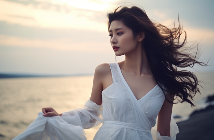 一个美女穿着一件漂亮的白色连衣裙在海边的拍照摄影图(4080x2688)