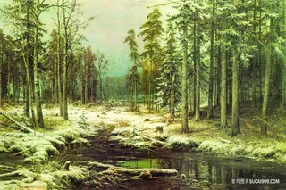 湖畔树林美景油画