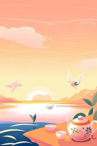 国潮彩色简约山水水壶背景