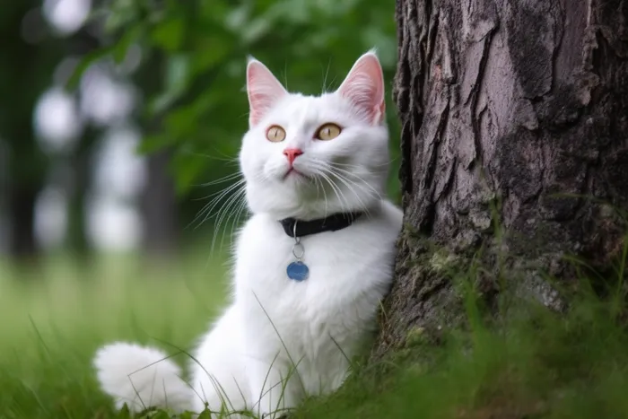 白色猫咪脖子戴着项圈猫牌在大树根边玩耍摄影图(4032x2688)