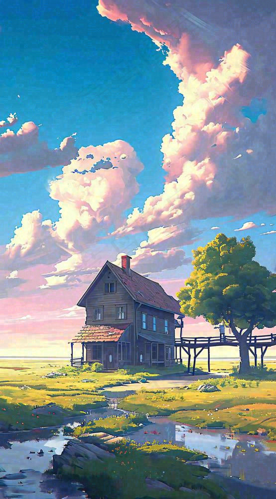 蓝天草坪上小屋房子在河流旁，河面倒影(816x1472)