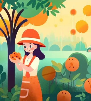 女孩摘树上的水果丰收插画背景