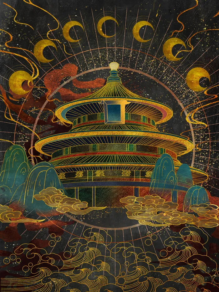 复古中国风国潮手绘烫金仙鹤锦鲤凤凰建筑黑金线描插画PS设计素材