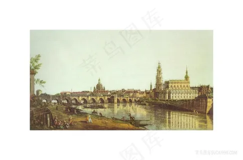 湖畔建筑欧式风景画油画