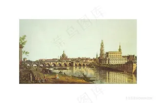 湖畔建筑欧式风景画油画