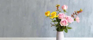 简约的墙面前有一瓶鲜花花束绿植，鲜艳清新新鲜室内装饰摄影图