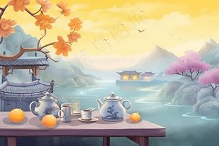 秋季山水赏菊泡茶重阳节插画素材